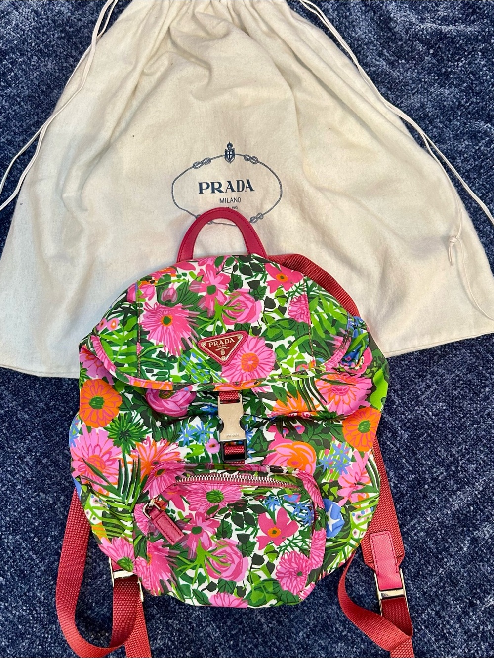 Prada Floral Nylon Backpack in Hot Pink, Green & Orange